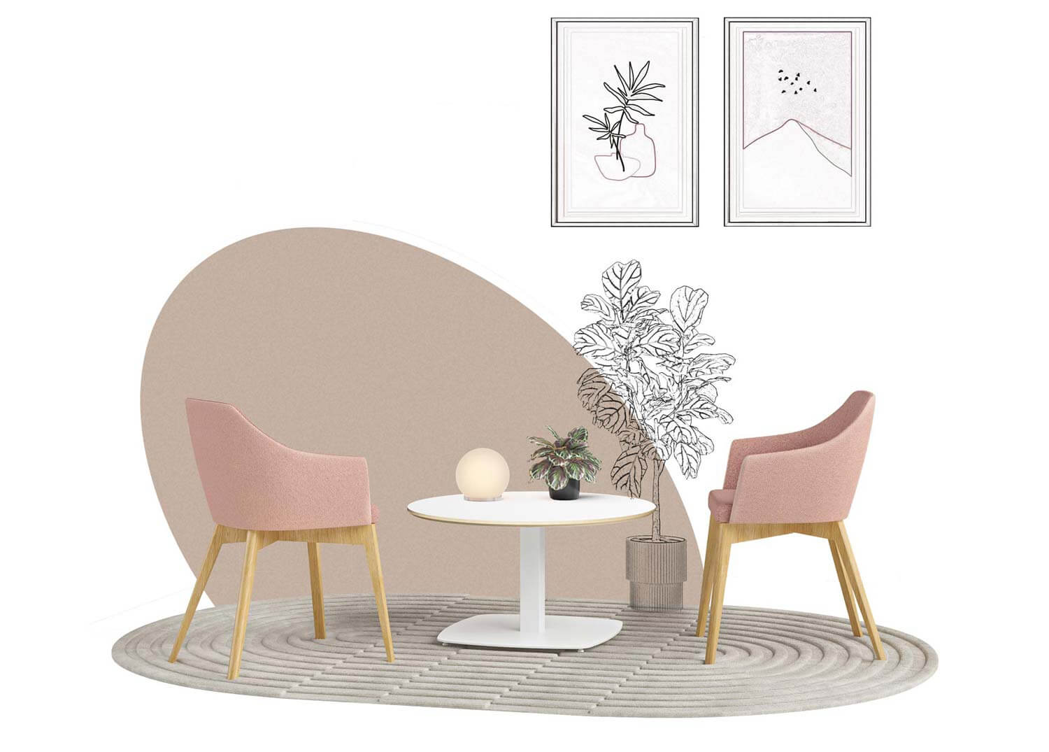 mobilier de bureau pro harmony sur fond blanc avec chaise tapissée rose et piètement bois, une table ronde blanche, une plante et des tableaux dessinés